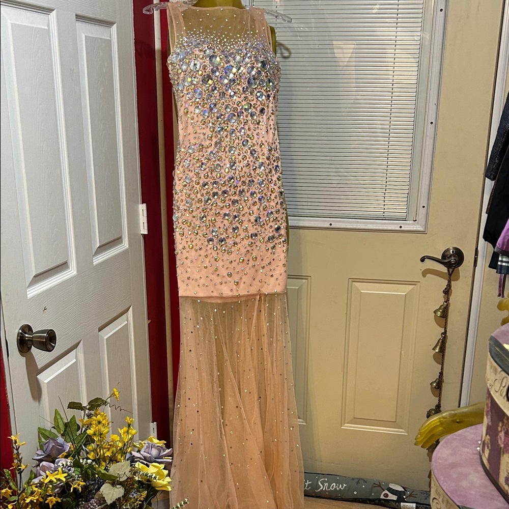 EUC Jovani Peach and Silver Embellished Prom Dress